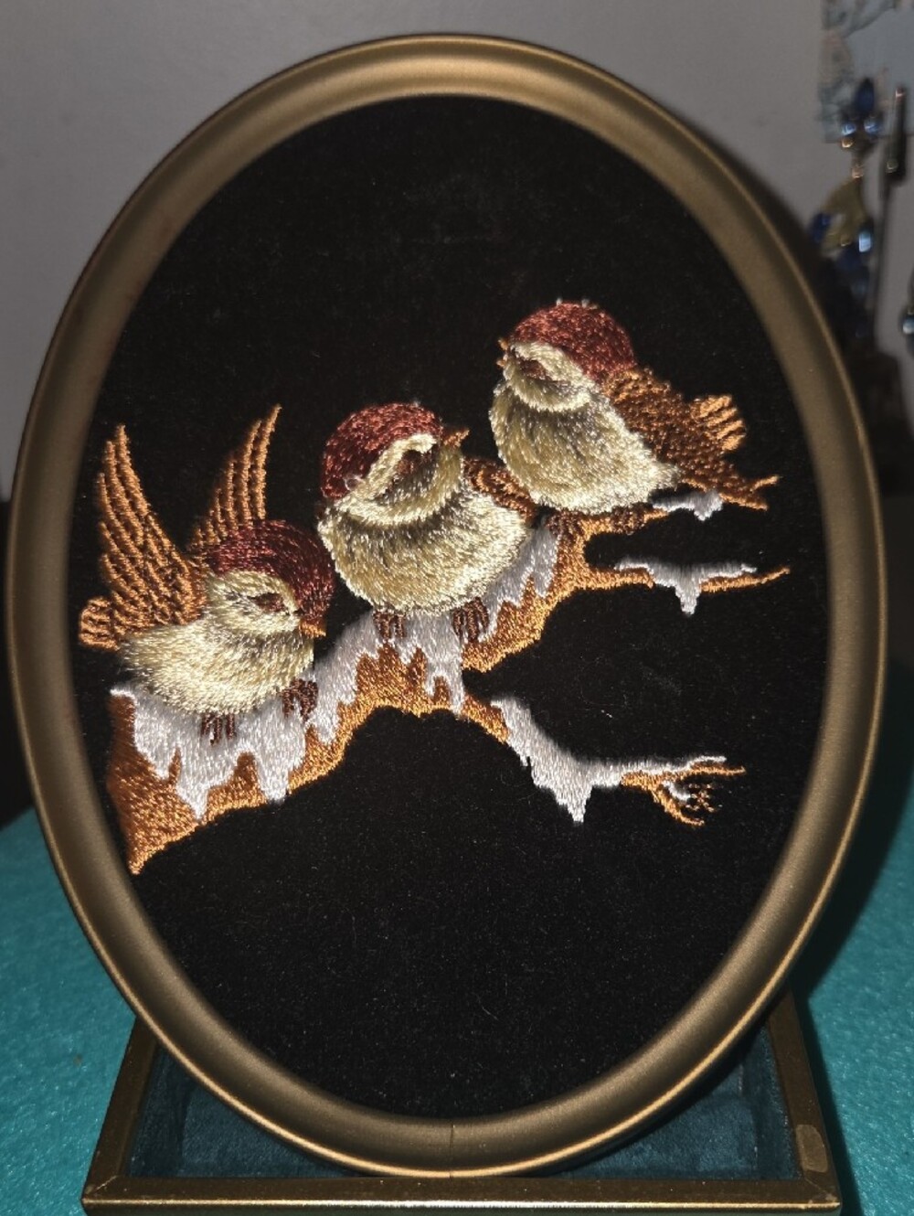 Embroidered Sparrow Trio Wall Art - Brown and Cream - Picture 2 of 4